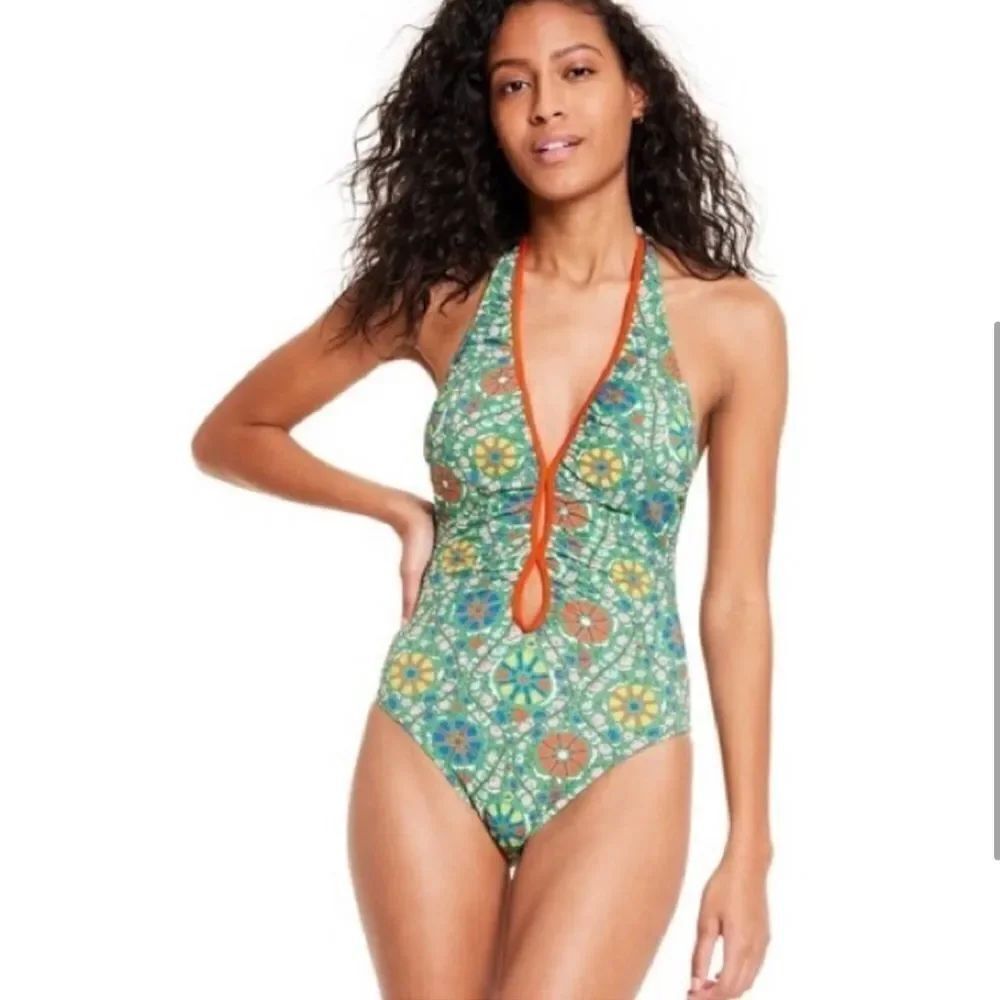 Rhode Zinnia Floral Print Halter High Leg Cheeky One Piece Swimsuit NEW